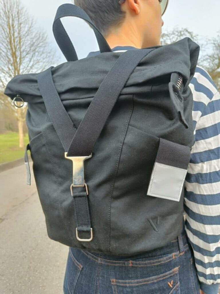 Vaela bag being worn as a backpack