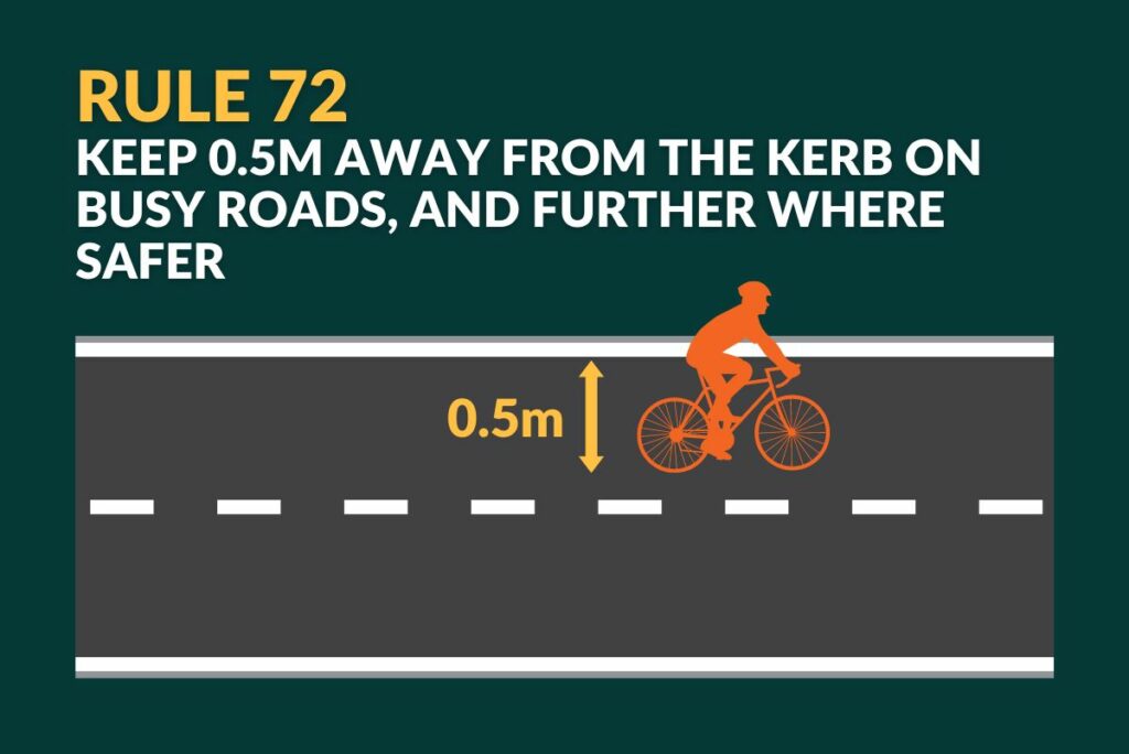 Keep 0.5m away from the kerb on busy roads, and further where safer