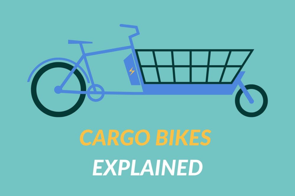 What is a cargo bile? Blue and green cargo bike graphic.