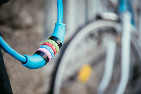 Photo of blue bike lock.