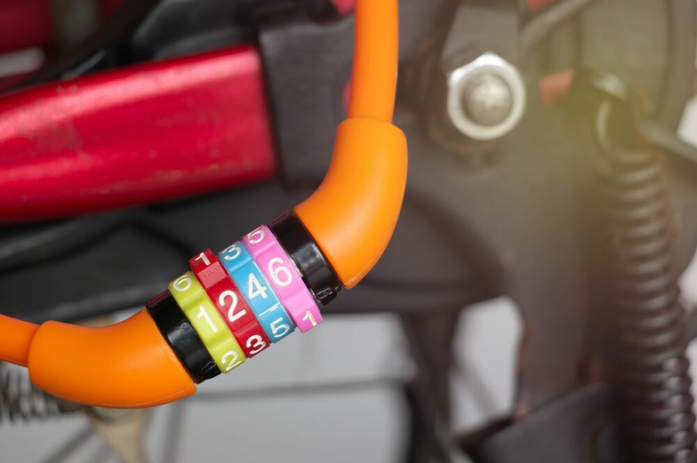 Photo of multi-coloured bike lock.