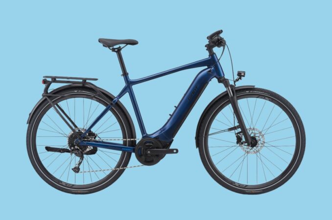 giant explore e plus e-bike blue background