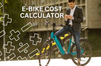 Man on e-bike with text on image: "E-bike cost calculator"
