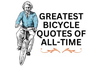 A sketch of Albert Einstein riding a bicycle with the words, "Greates Bicycle Quotes of All-Time"