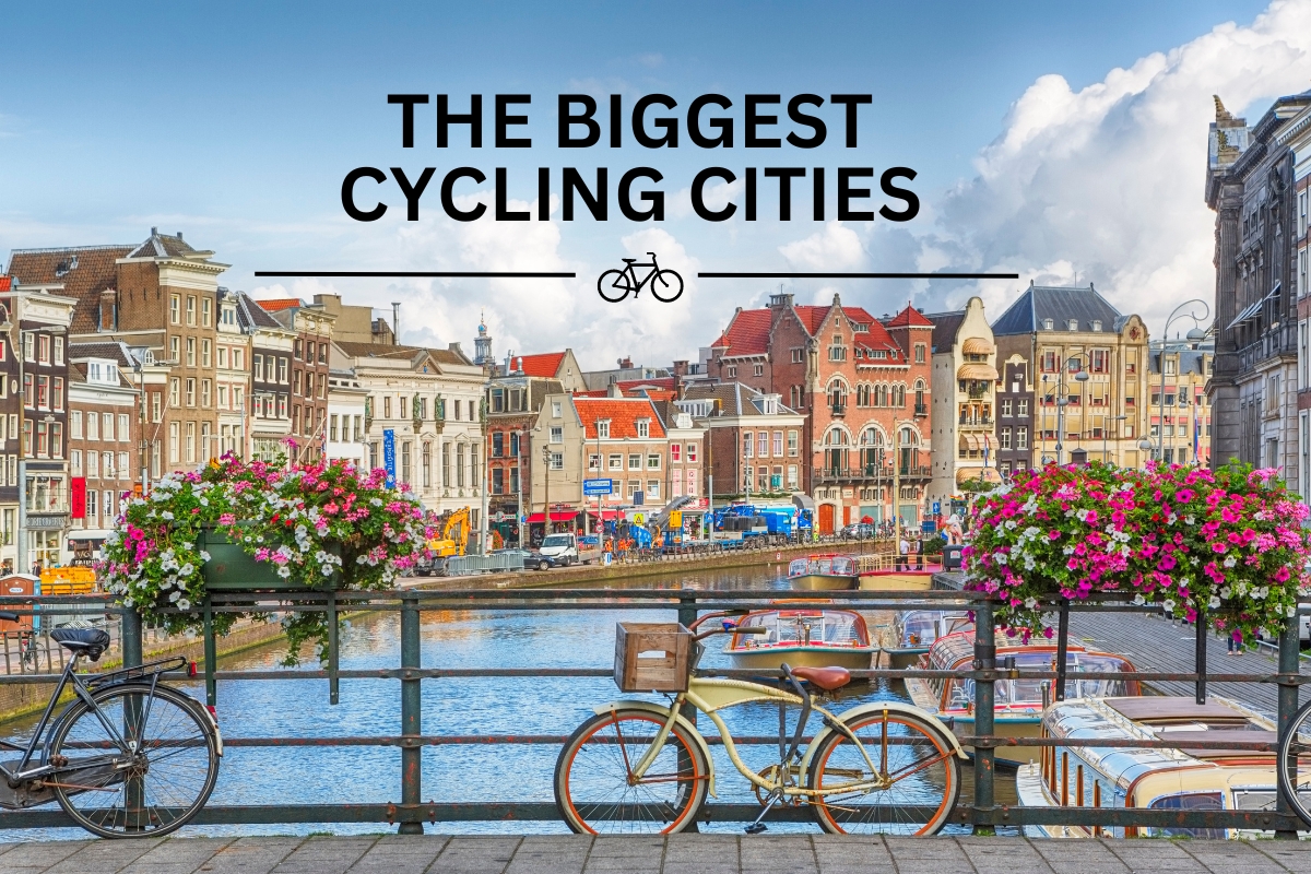 An image of Amsterdam with the text, "The biggest cycling cities"