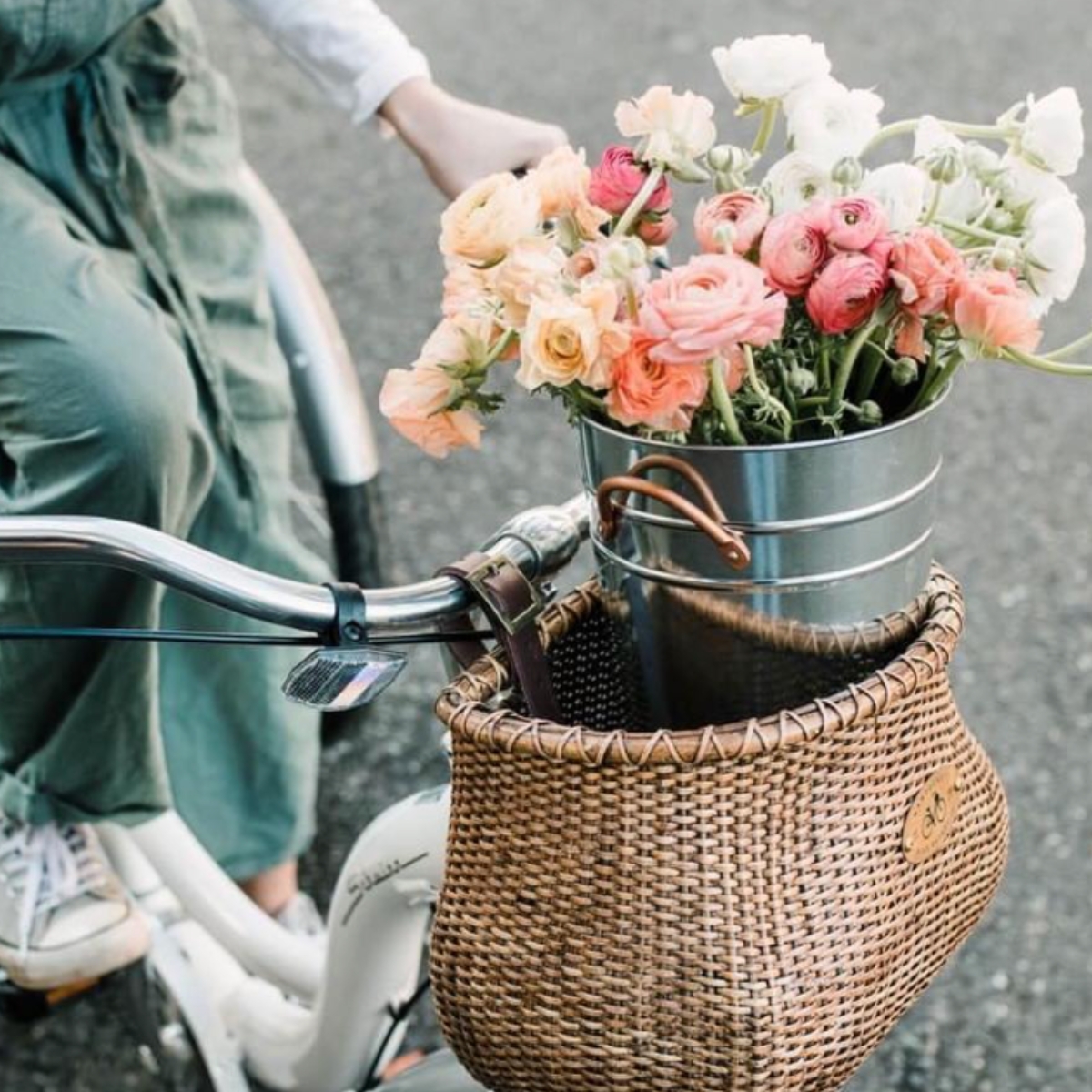 Flowers in a Nantucket wicker bike basket
