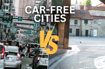 An image displaying a city with cars versus one without cars