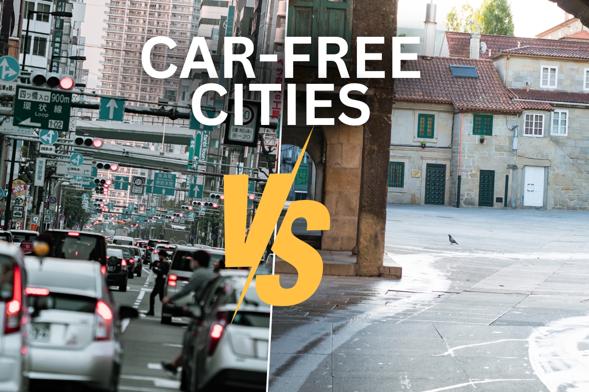 An image displaying a municipality with cars versus one without cars