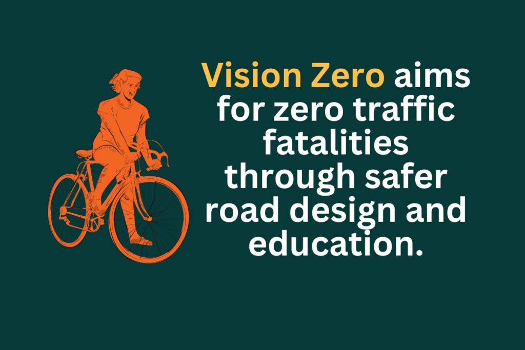 Text: "Vision Zero aims for zero traffic fatalities through safer road design and education."