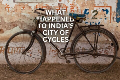 A bicycle with the text, "What happened to India