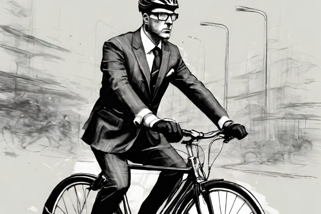 Male cyclist in suit on bike