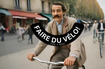French man with a moustache riding a bicycle in Paris