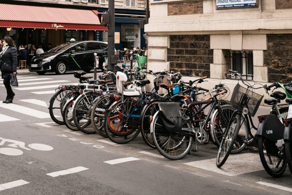 bicycles parked in a street in paris