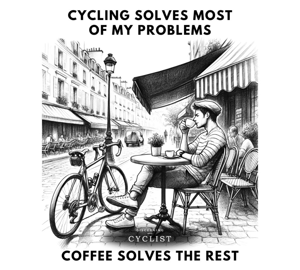Man sitting outside of a cafe sipping on a cup of coffee with his bicycle nearby