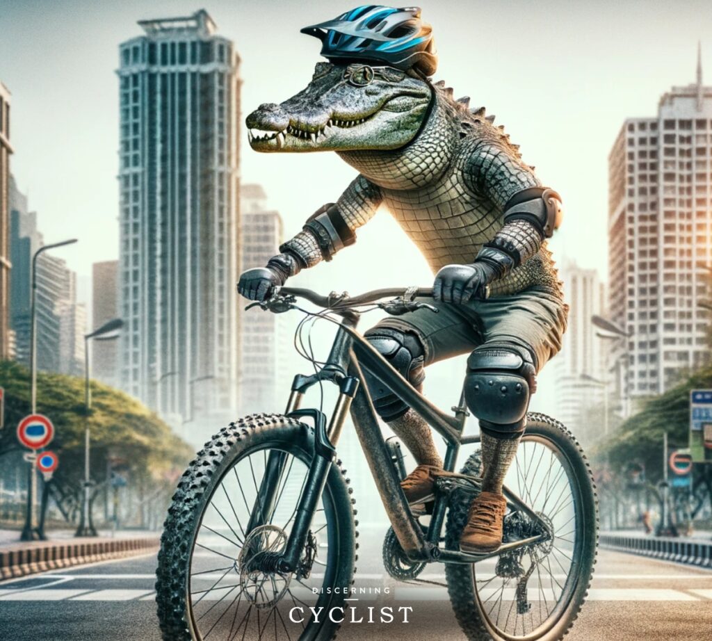 A crocodile on a bicycle
