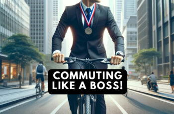 Businessman cycling to work with a medal around his neck