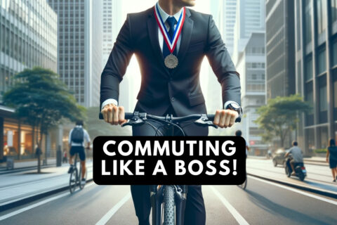 Businessman cycling to work with a medal around his neck