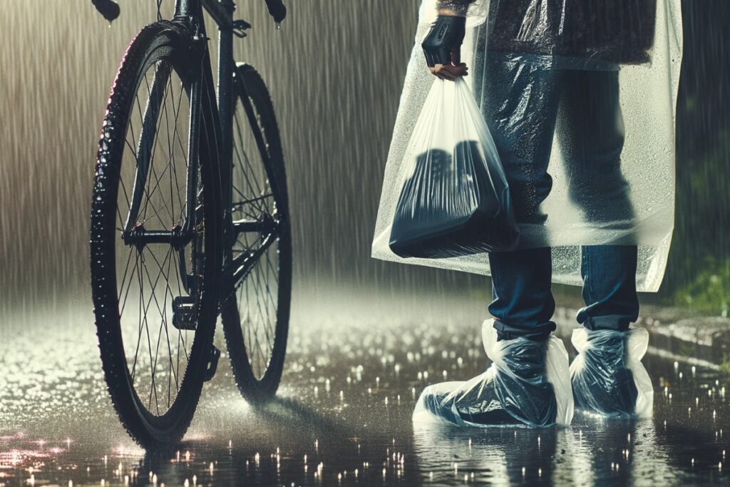 A cyclist wearing plastic bags over their shoes