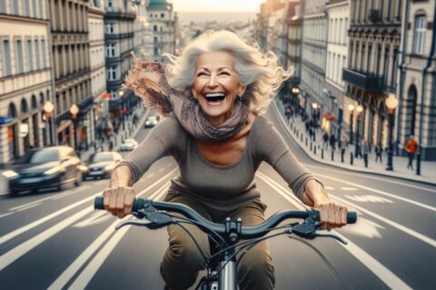 Older woman cycling on bike down street