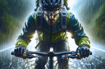 Male cyclist in waterproof gear cycling in the rain