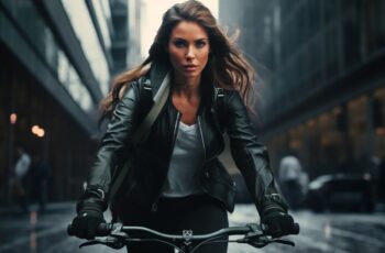 Woman wearing black leather cycling on a bike