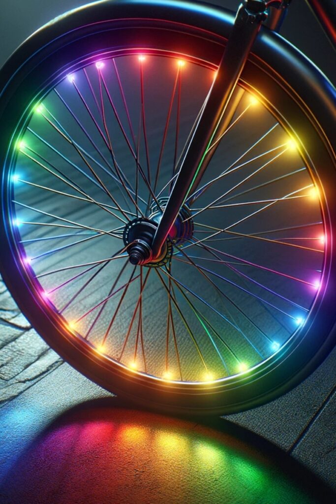 A bicycle wheel with colorful spoke reflectors at night