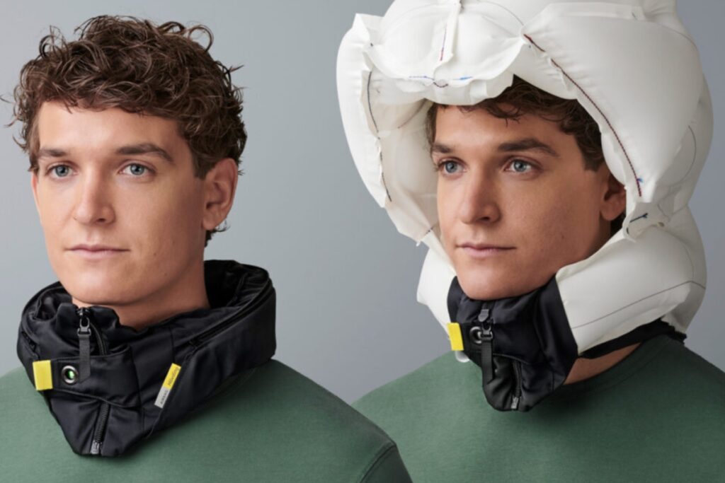 Male wearing Hovding helmet before and after deploy