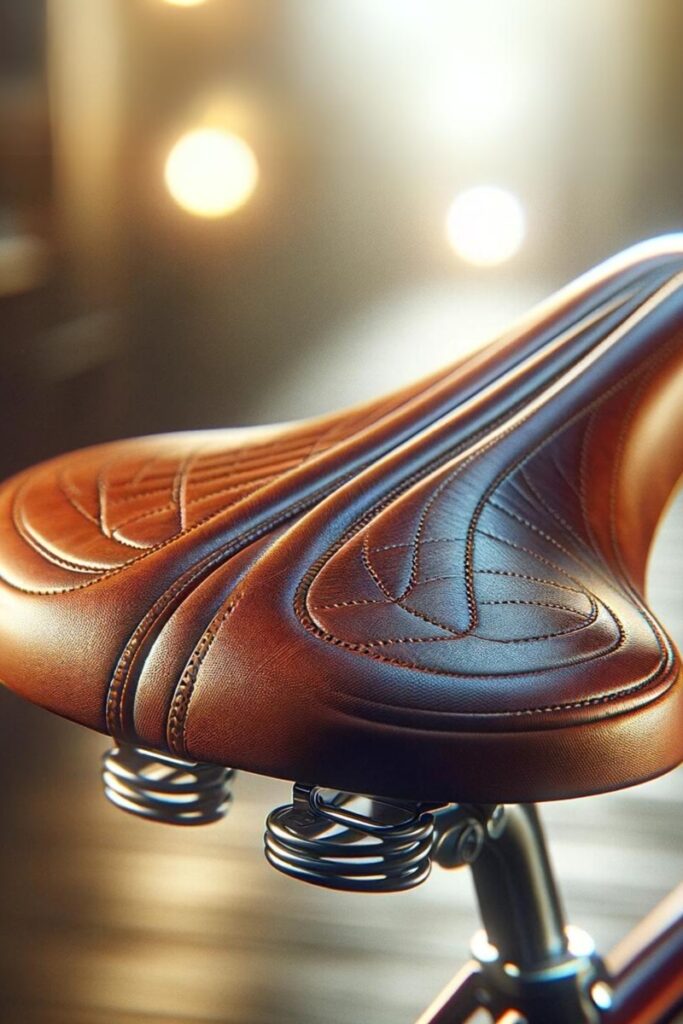 The photorealistic close-up image of a bicycle with a leather saddle