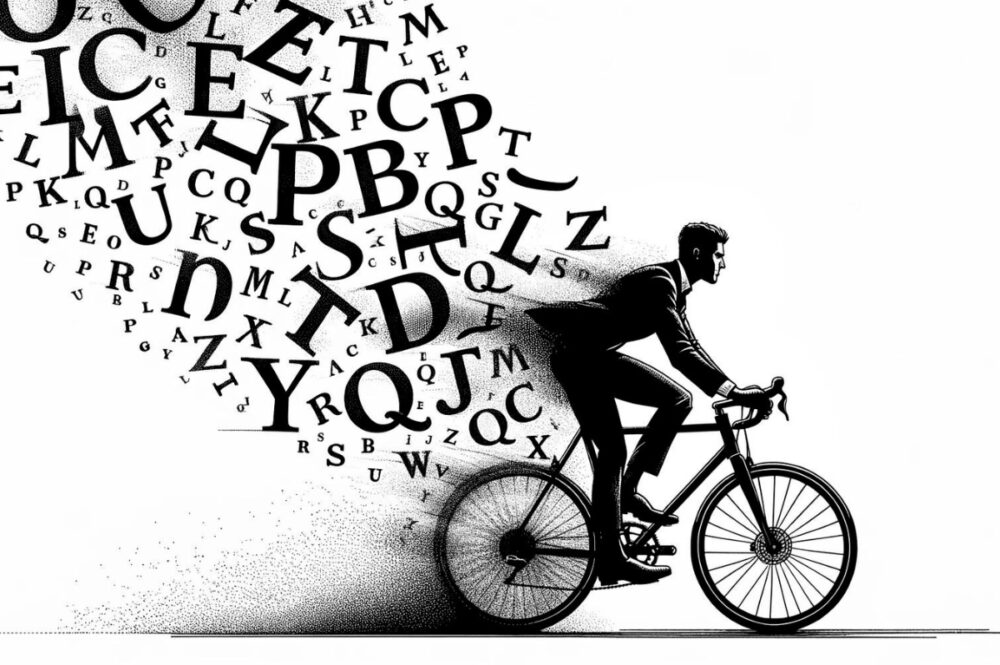 A sketch of a man cycling on a bicycle with letters of the alphabet behind him to illustrate a glossary of cycling terms