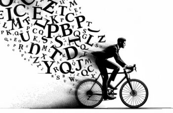 A sketch of a man cycling on a bicycle with letters of the alphabet behind him to illustrate a glossary of cycling terms