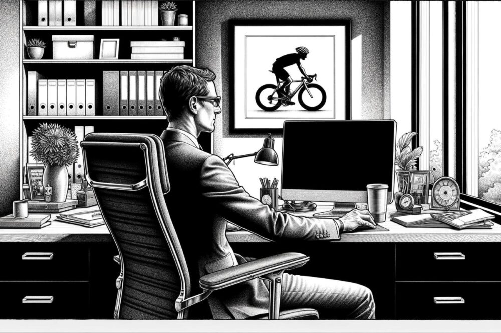 Cyclist at his desk at the office