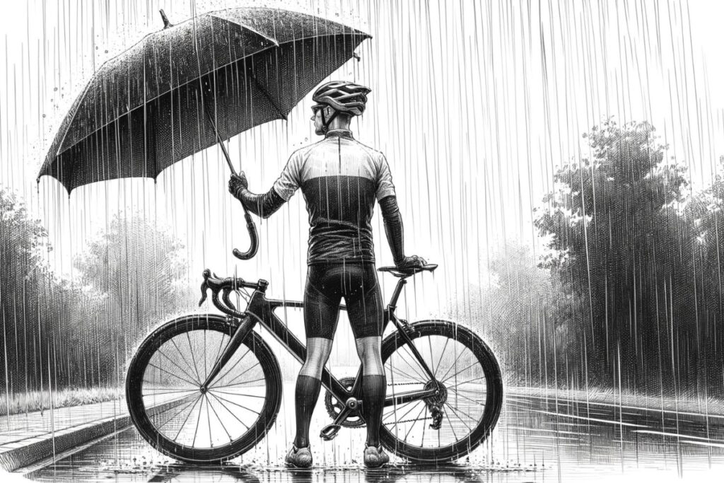 A cyclist standing in the rain with an umbrella