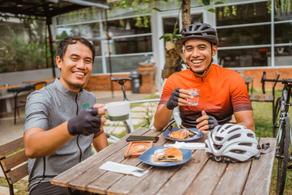 Cyclists at coffee shop