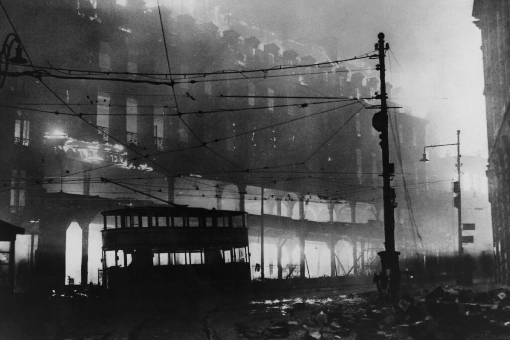 Battle of Britain during World War II. Burning buildings in Sheffield, England.