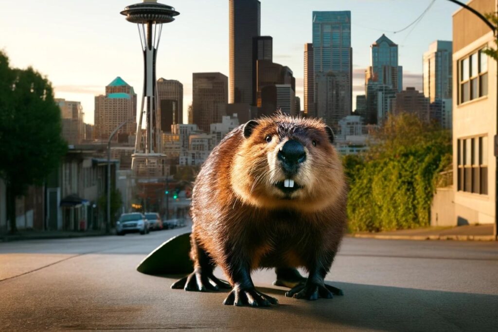 A beaver walking down a street in Seattle