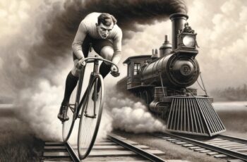 Charles Murphy on his bicycle cycling against a train
