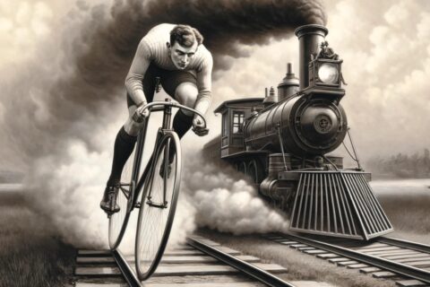 Charles Murphy on his bicycle cycling against a train