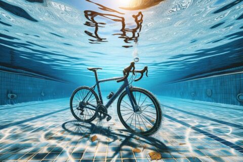 a bicycle seen underwater in a pool