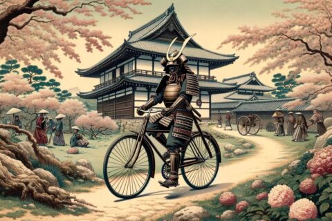 Samurai riding a bicycle